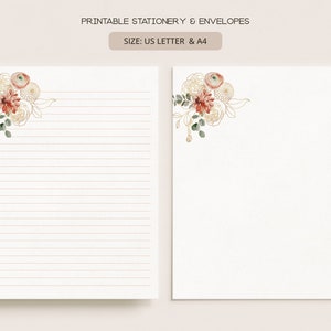 Elegantes flores doradas / Papelería y sobres imprimibles / A4, Carta de EE. UU. 8.5x11 in / Papel de escritura de cartas digitales forrado y sin forro / FL21
