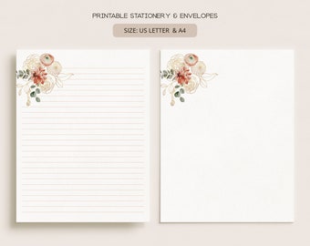 Elegant Gold Florals | Printable Stationery & Envelopes | A4, US Letter 8.5x11 in | Lined, Unlined Digital Letter Writing Paper | FL21