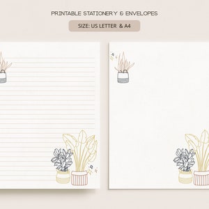 Plantas en macetas boho / Papelería y sobres imprimibles / A4, Carta de EE. UU. 8.5x11 in / Papel de escritura de cartas digitales forrado y sin forro / NA08