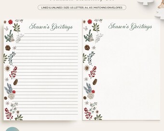May include: Printable stationery set with a winter floral design. The set includes lined and unlined paper with the text "Season's Greetings".