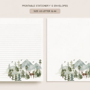 Ciervo en un bosque / Papelería y sobres imprimibles / A4, Carta de EE. UU. 8.5x11 in / Papel de escritura de cartas digitales forrado y sin forro / NA01