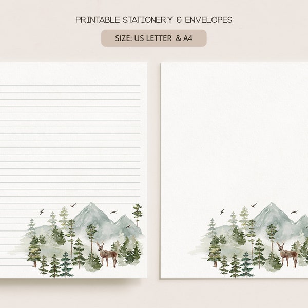 Deer in a Forest | Printable Stationery & Envelopes | A4, US Letter 8.5x11 in | Lined, Unlined Digital Letter Writing Paper | NA01