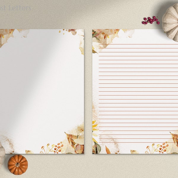 Fall Watercolor Leaves Printable Letter Writing Paper / A4, 8.5x11 / Lined Unlined / Digital Stationery Paper / Instant Download