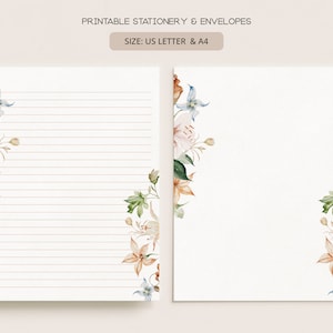 Conjunto de papelería imprimible con sobres / Papel de escritura de cartas digitales sin forro forrado / A4, Carta de EE. UU. 8.5x11 / Spring Lilies Florals FL22