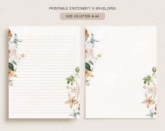 May include: Printable stationery and envelopes with a floral design. The design features watercolor flowers in shades of orange, pink, blue, and green. The text "Printable Stationery & Envelopes" and "Size: US Letter & A4" is at the top of the image.