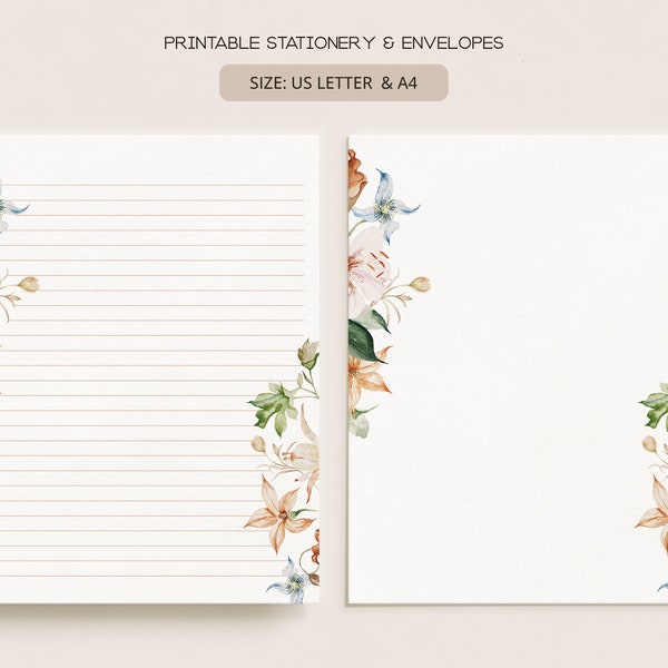 Printable Stationery Set With Envelopes | Lined Unlined Digital Letter Writing Paper | A4, US Letter 8.5x11 | Spring Lilies Florals FL22