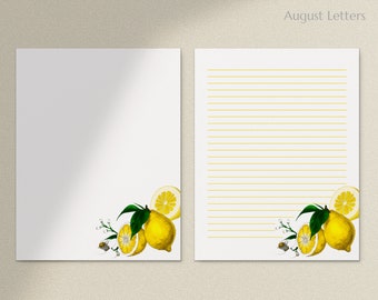 Printable Stationery Paper/ A4, 8.5x11 / Lined Unlined / Digital Letter Writing Paper / Envelope / Lemon Fruit / Instant Download