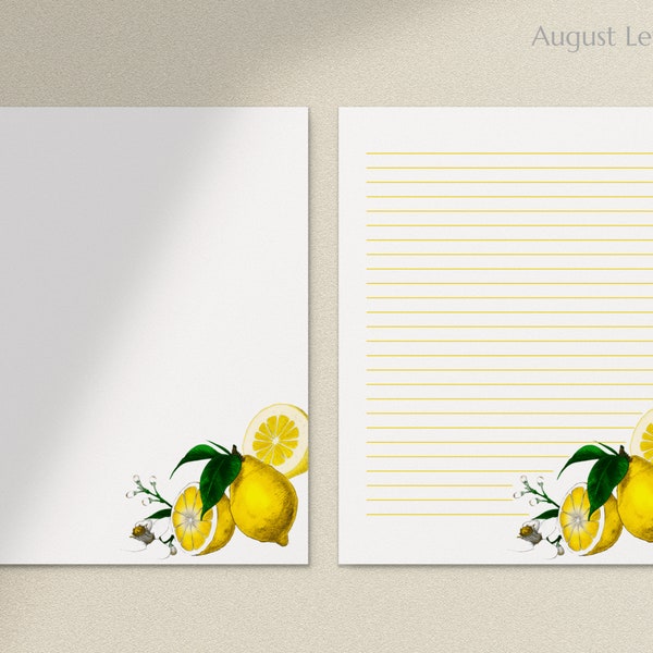Printable Stationery Paper/ A4, 8.5x11 / Lined Unlined / Digital Letter Writing Paper / Envelope / Lemon Fruit / Instant Download