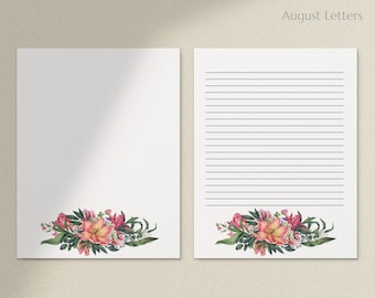 Printable Stationery Paper/ A4, 8.5x11 / Lined Unlined / Digital Letter Writing Paper / Envelope / Spring Floral 4  / Instant Download
