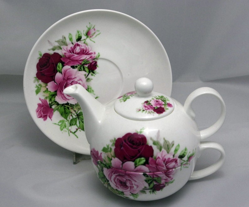 Juego de té de porcelana fina Summertime Rose para una persona con platillo
