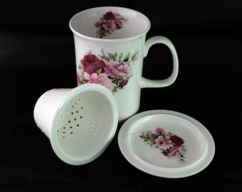 Taza Bone China con tapa/posavasos e infusor