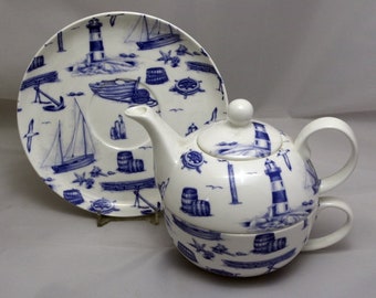 Juego de té para una persona de porcelana china con platillo Sailing