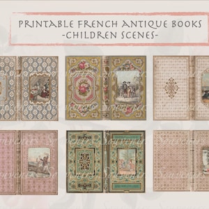 Puede incluir: Colecci&oacute;n de libros antiguos franceses imprimibles con escenas infantiles. Las portadas de los libros presentan dise&ntilde;os ornamentados en varios colores, incluyendo azul, rosa y verde, con patrones florales y geom&eacute;tricos. Cada libro tiene una ilustraci&oacute;n enmarcada.