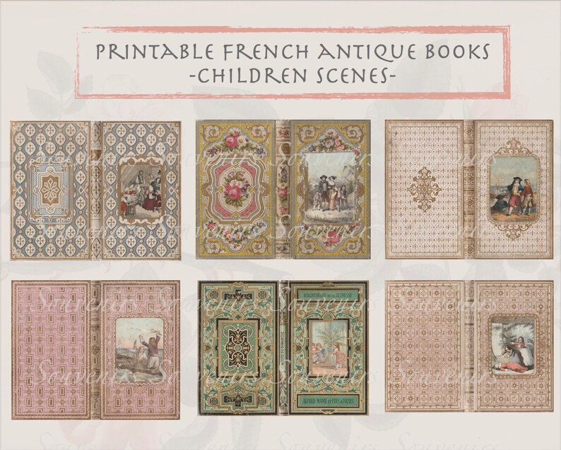 Puede incluir: Colecci&oacute;n de libros antiguos franceses imprimibles con escenas infantiles. Las portadas de los libros presentan dise&ntilde;os ornamentados en varios colores, incluyendo azul, rosa y verde, con patrones florales y geom&eacute;tricos. Cada libro tiene una ilustraci&oacute;n enmarcada.