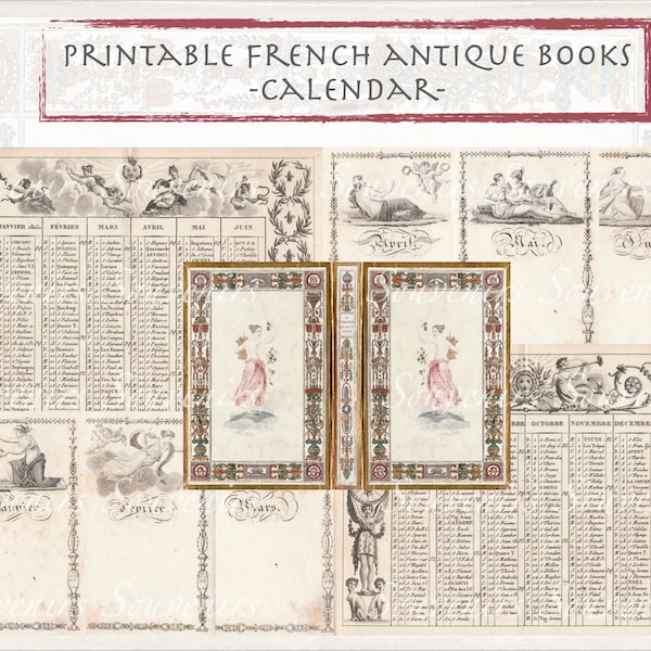 Printable French Antique book, Calendar - Vintage Junk Journal Paper Collection - Digital Download - Vintage Papers - Printables Journaling