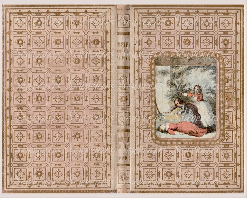 Puede incluir: Libro antiguo con una cubierta decorativa con un patr&oacute;n floral repetido en dorado y beige. El lomo del libro es visible, y una ilustraci&oacute;n enmarcada representa a tres mujeres y una persona tumbada. El texto "Souvenirs" es visible.