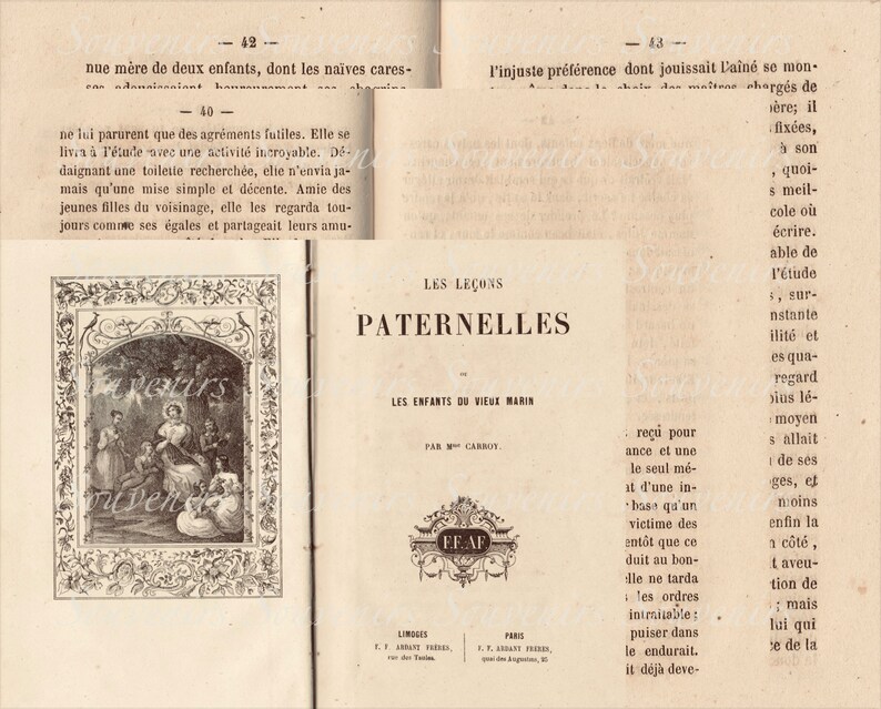 Puede incluir: Un libro abierto con texto e ilustraciones en franc&eacute;s. La portada dice "Les Le&ccedil;ons Paternelles" con el subt&iacute;tulo "Les Enfants du Vieux Marin". Una ilustraci&oacute;n enmarcada representa una escena familiar.