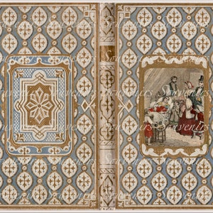 Puede incluir: Un libro antiguo con una cubierta estampada en azul y dorado. La cubierta presenta un dise&ntilde;o floral dorado central dentro de un marco rectangular. El lado derecho del libro tiene una ilustraci&oacute;n enmarcada de una reuni&oacute;n. La palabra "Souvenirs" est&aacute; impresa en el lomo.