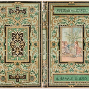 Puede incluir: Portada de libro antiguo con dise&ntilde;os florales ornamentados en verde, negro y dorado. La portada presenta el texto "RECITS DU DIMANCHE" y "BIBLIOTHEQUE PETITE JEUNESSE". Una ilustraci&oacute;n enmarcada muestra a ni&ntilde;os jugando. Tambi&eacute;n es visible el nombre del editor.