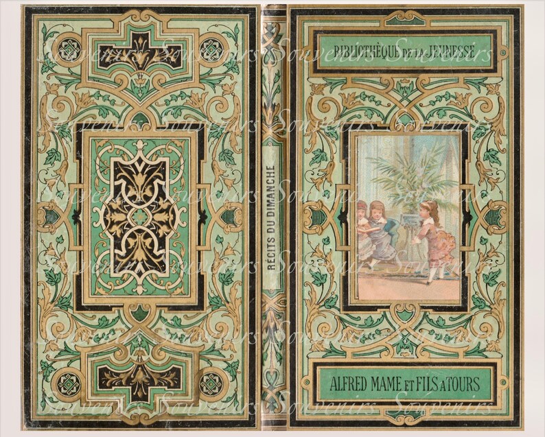 Puede incluir: Portada de libro antiguo con dise&ntilde;os florales ornamentados en verde, negro y dorado. La portada presenta el texto "RECITS DU DIMANCHE" y "BIBLIOTHEQUE PETITE JEUNESSE". Una ilustraci&oacute;n enmarcada muestra a ni&ntilde;os jugando. Tambi&eacute;n es visible el nombre del editor.