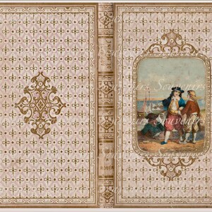 Puede incluir: Cubierta de libro antiguo con un dise&ntilde;o decorativo en rosa y dorado. La cubierta presenta una ilustraci&oacute;n enmarcada de tres figuras cerca de una masa de agua. La columna vertebral dice "ASS. BAPT. DE MARINE" y "GARD A ROUEN".