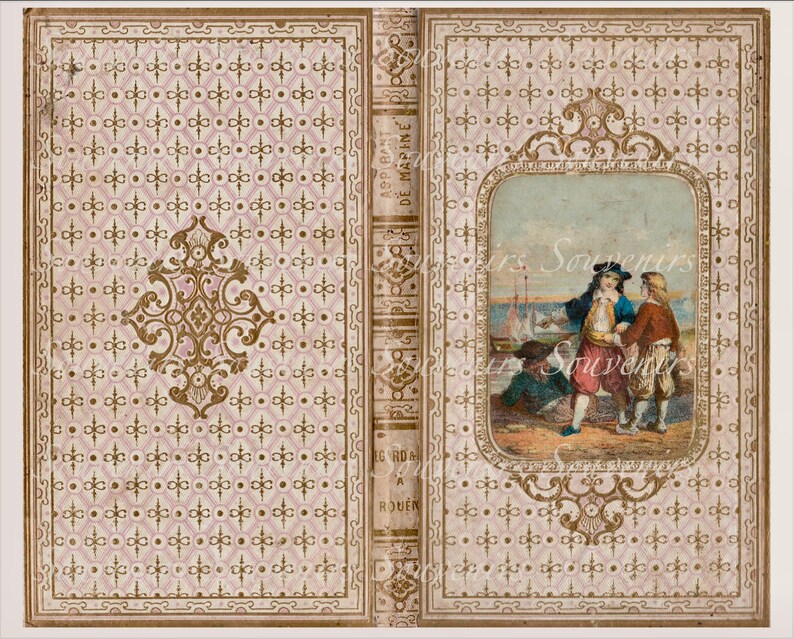 Puede incluir: Cubierta de libro antiguo con un dise&ntilde;o decorativo en rosa y dorado. La cubierta presenta una ilustraci&oacute;n enmarcada de tres figuras cerca de una masa de agua. La columna vertebral dice "ASS. BAPT. DE MARINE" y "GARD A ROUEN".