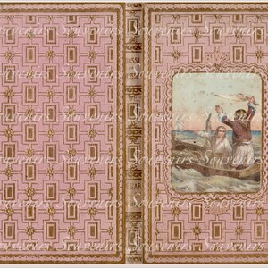 Puede incluir: Libro antiguo con una cubierta rosa con un patr&oacute;n geom&eacute;trico y detalles dorados. La cubierta incluye el texto "Souvenirs" en un patr&oacute;n repetido. El lado derecho tiene una ilustraci&oacute;n enmarcada de personas en un bote en el mar.