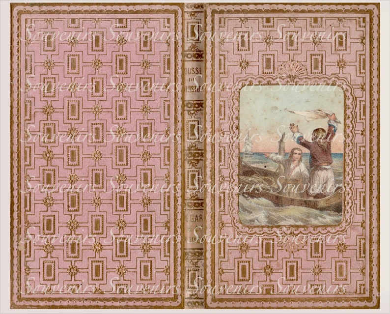 Puede incluir: Libro antiguo con una cubierta rosa con un patr&oacute;n geom&eacute;trico y detalles dorados. La cubierta incluye el texto "Souvenirs" en un patr&oacute;n repetido. El lado derecho tiene una ilustraci&oacute;n enmarcada de personas en un bote en el mar.