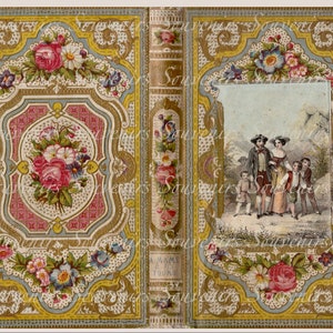 Puede incluir: Portada de libro antiguo con ilustraciones florales y familiares. La portada presenta un dise&ntilde;o ornamentado en rosa y dorado con rosas y otras flores. El panel central representa a una familia con ropa de &eacute;poca. El lomo tiene la palabra "Souvenirs".