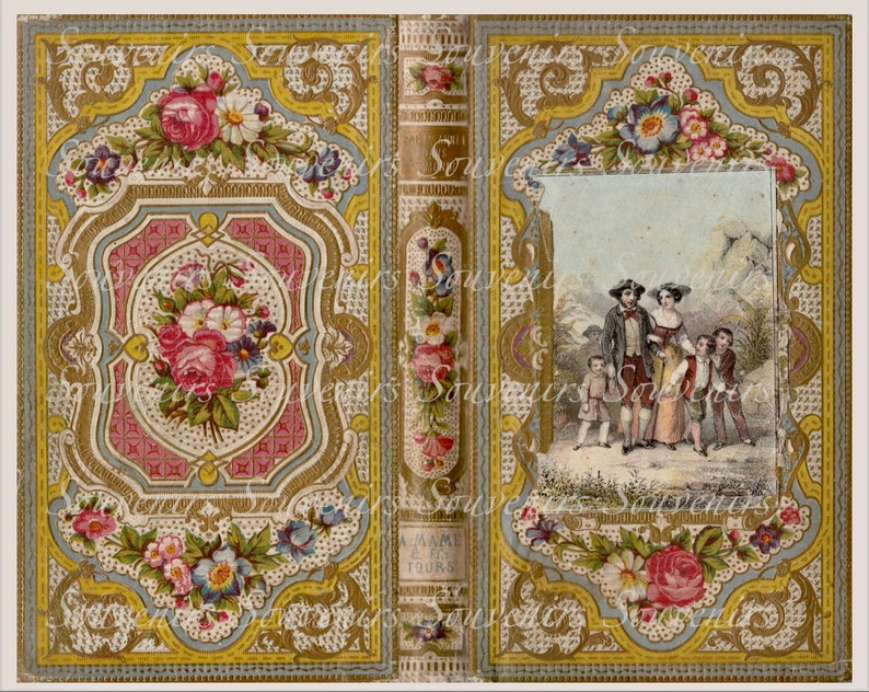 Puede incluir: Portada de libro antiguo con ilustraciones florales y familiares. La portada presenta un dise&ntilde;o ornamentado en rosa y dorado con rosas y otras flores. El panel central representa a una familia con ropa de &eacute;poca. El lomo tiene la palabra "Souvenirs".