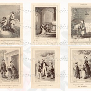 Puede incluir: Una colecci&oacute;n de seis grabados antiguos en blanco y negro, cada uno enmarcado con un borde blanco. Las ilustraciones representan diversas escenas, incluyendo figuras en oraci&oacute;n, un ni&ntilde;o en una mesa y personas en entornos al aire libre. El estilo es reminiscente del arte del siglo XIX.
