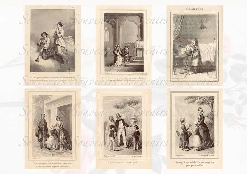 Puede incluir: Una colecci&oacute;n de seis grabados antiguos en blanco y negro, cada uno enmarcado con un borde blanco. Las ilustraciones representan diversas escenas, incluyendo figuras en oraci&oacute;n, un ni&ntilde;o en una mesa y personas en entornos al aire libre. El estilo es reminiscente del arte del siglo XIX.