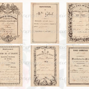 Puede incluir: Una colecci&oacute;n de seis certificados y documentos franceses antiguos, con bordes ornamentados y caligraf&iacute;a. Los papeles en tonos sepia incluyen texto en franc&eacute;s, con elementos decorativos florales y de volutas. Los documentos parecen ser del siglo XIX.