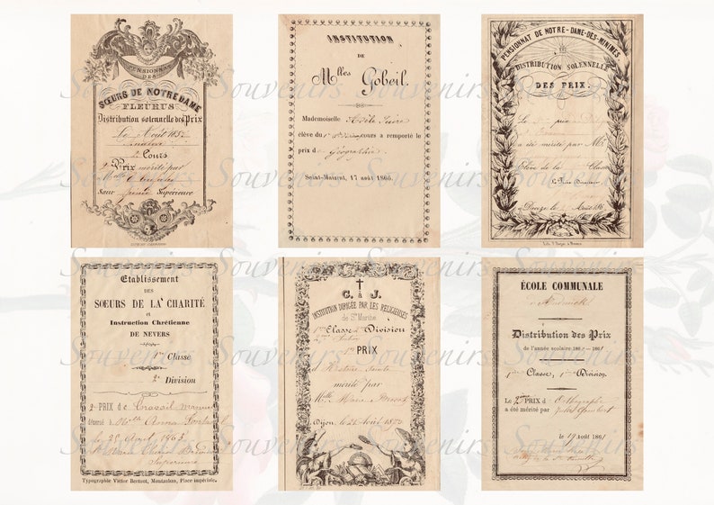 Puede incluir: Una colecci&oacute;n de seis certificados y documentos franceses antiguos, con bordes ornamentados y caligraf&iacute;a. Los papeles en tonos sepia incluyen texto en franc&eacute;s, con elementos decorativos florales y de volutas. Los documentos parecen ser del siglo XIX.