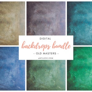 Op de afbeelding: Een digitale achtergrondbundel met zes verschillende textuur achtergronden in tinten groen, blauw en bruin. De tekst "DIGITAL backdrops bundle - OLD MASTERS - #MYLUCIE.COM" wordt in het midden van de afbeelding weergegeven.