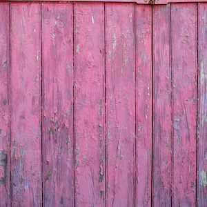 May include: A close-up of a weathered wooden door painted a faded pink color. The door is made of vertical planks and has two metal hinges and a metal bar across the top and bottom.