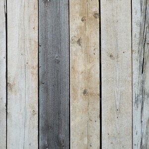 Op de afbeelding: Close-up van een verweerde houten muur met verticale planken. Het hout is een mix van licht en donkerbruin, met sommige gebieden die tekenen van slijtage vertonen.