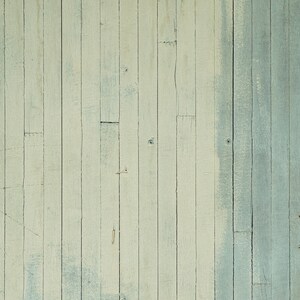Puede incluir: Primer plano de una pared de madera desgastada con tablones verticales pintados de un color azul verdoso claro. La madera tiene un aspecto rústico y envejecido con nudos y vetas visibles.