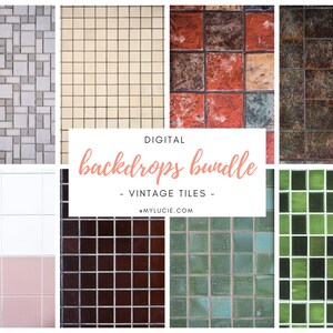 Puede incluir: Paquete de fondos digitales - Azulejos vintage - @mylucie.com. Un collage de 8 patrones de azulejos diferentes, incluyendo azulejos blancos, grises, marrones, verdes y rojos.