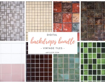 May include: Digital backdrops bundle - Vintage Tiles - @mylucie.com. A collage of 8 different tile patterns, including white, gray, brown, green, and red tiles.