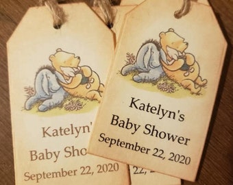 Winnie The Pooh Favor Tags, Baby Shower Tags, Personalized, Pooh Favor Tags, Treat Bag Tags, Vintage Style, Set of 12