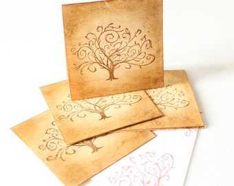 Tree Small Note Cards, Nature Stationery Set, White Envelopes, Vintage Style, Blank Inside, 3 by 3 inches, Hostess Gifts, Holiday's and more