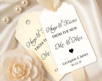 Personalized Wedding  Guest Tags New Mr and Mrs, Hugs & Kisses Organza Bags, Ivory or White