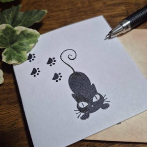 Hand Stamped Black Cat Note Cards, Paw Print Stationery Set (10 Cards)