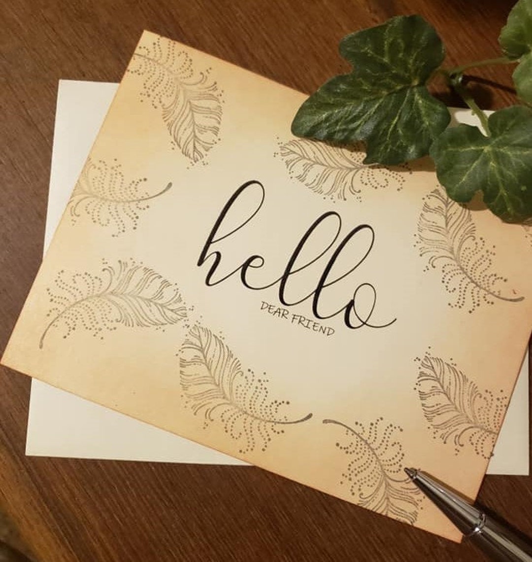 Personalized Hello Note Card Feather Design Vintage Style Flat Note ...