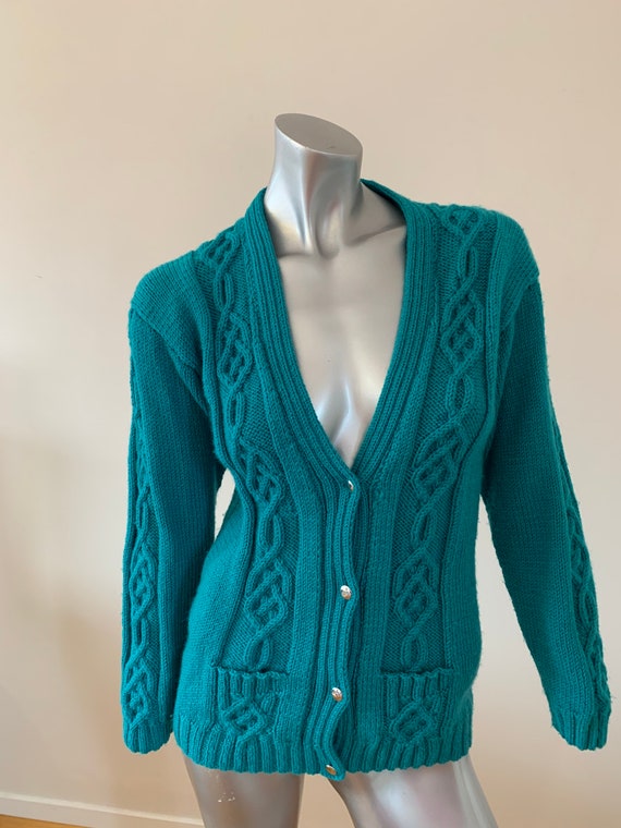 Turquoise hand knitted cable knit wool cardigan