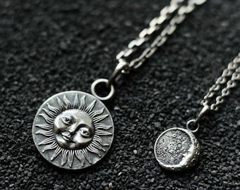 Collana Sole e Luna in argento sterling: ciondolo celeste fatto a mano