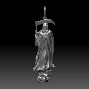 May include: A silver pendant depicting the Grim Reaper, holding a scythe. The figure is draped in a hooded cloak, standing atop a base with skulls. The pendant has a loop for a chain. The background is black.