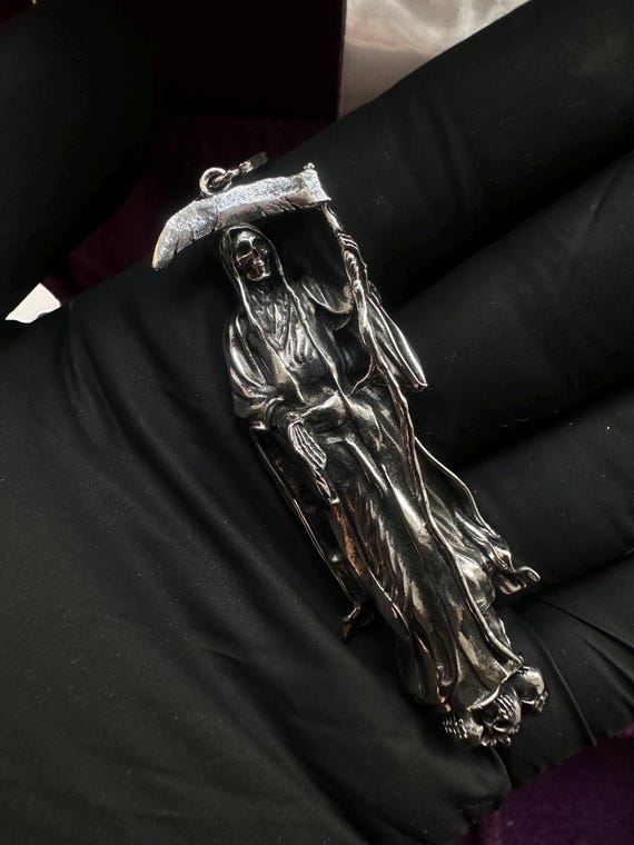 Saint Death sugar skull  jewelry sterling silver pendant memento mori goth jewelry Santa Muerte