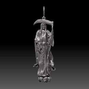 May include: A silver pendant depicting the Grim Reaper, holding a scythe. The figure is draped in a hooded robe and stands atop three skulls. The pendant has a loop for a chain.